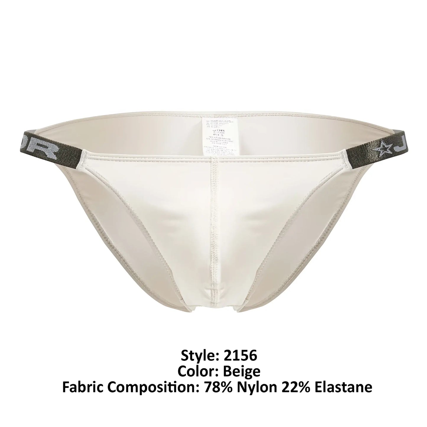Beige JOR 2156 Eros bikini men’s briefs with satin finish and dark gray elastic waistband featuring star logo