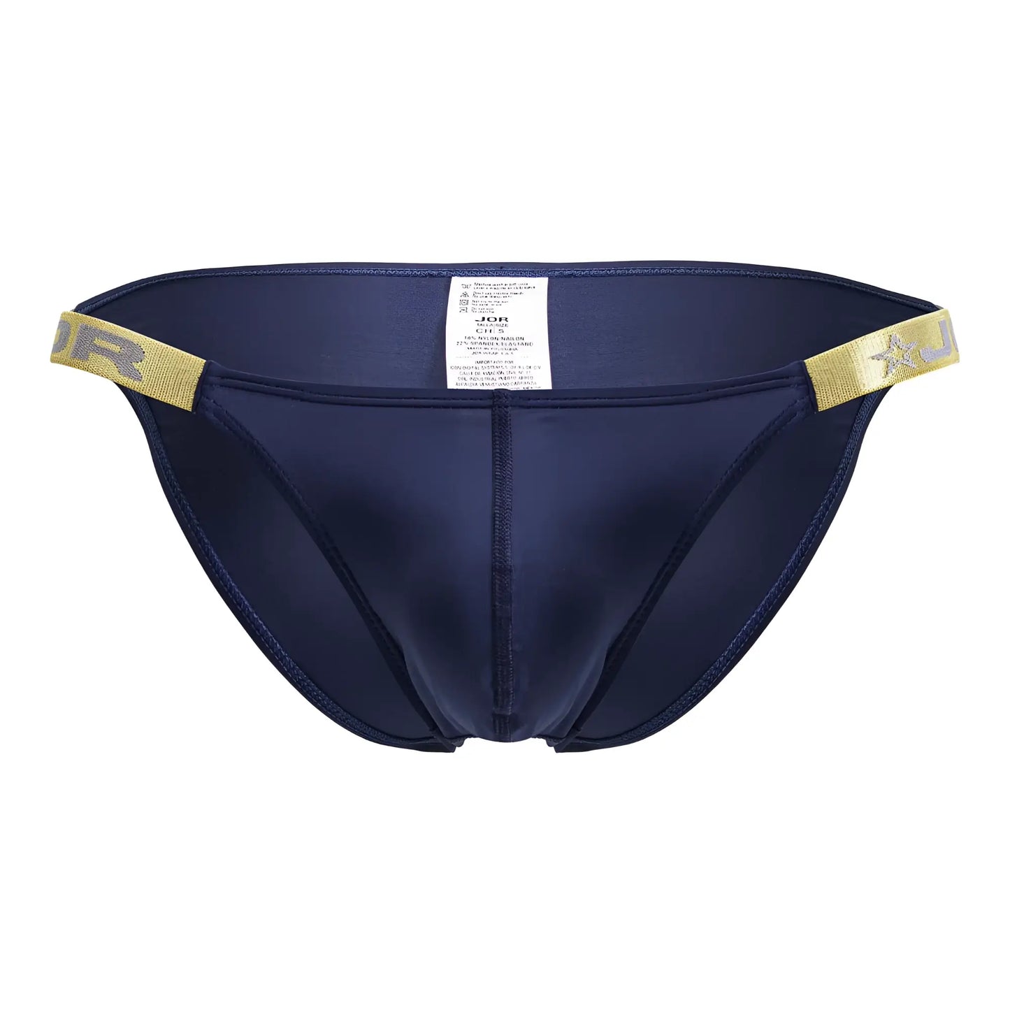 Navy blue satin briefs with gold elastic waistband and star logo jor 2156 eros bikini color petrol front view