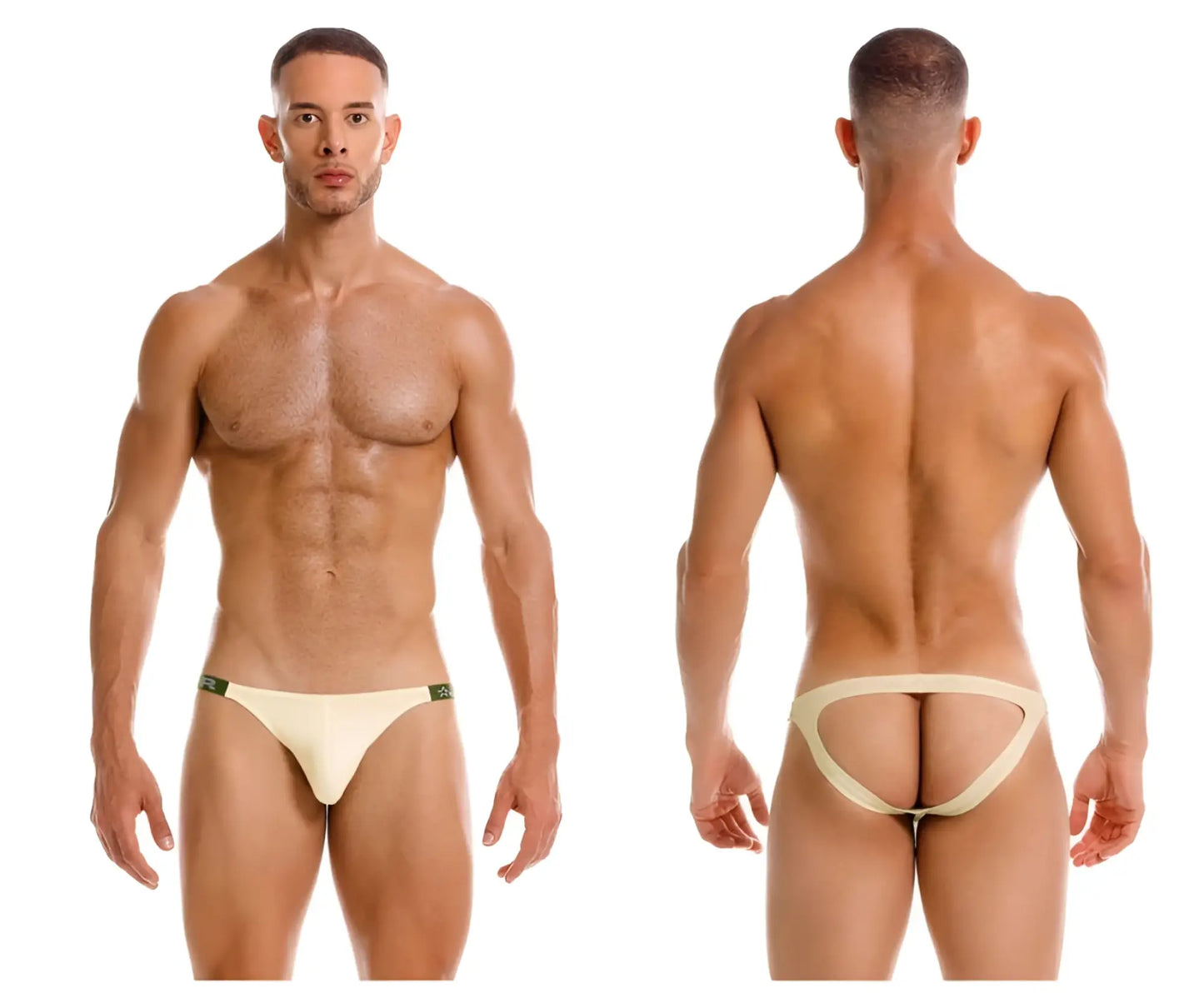 Cream-colored jor 2157 eros jockstrap briefs with minimalist design and subtle green waistband trim in beige