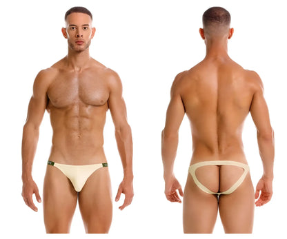 Cream-colored jor 2157 eros jockstrap briefs with minimalist design and subtle green waistband trim in beige