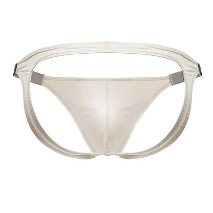 Beige jor 2157 eros jockstrap in cream satin briefs with sleek minimalist design and gray metallic side straps