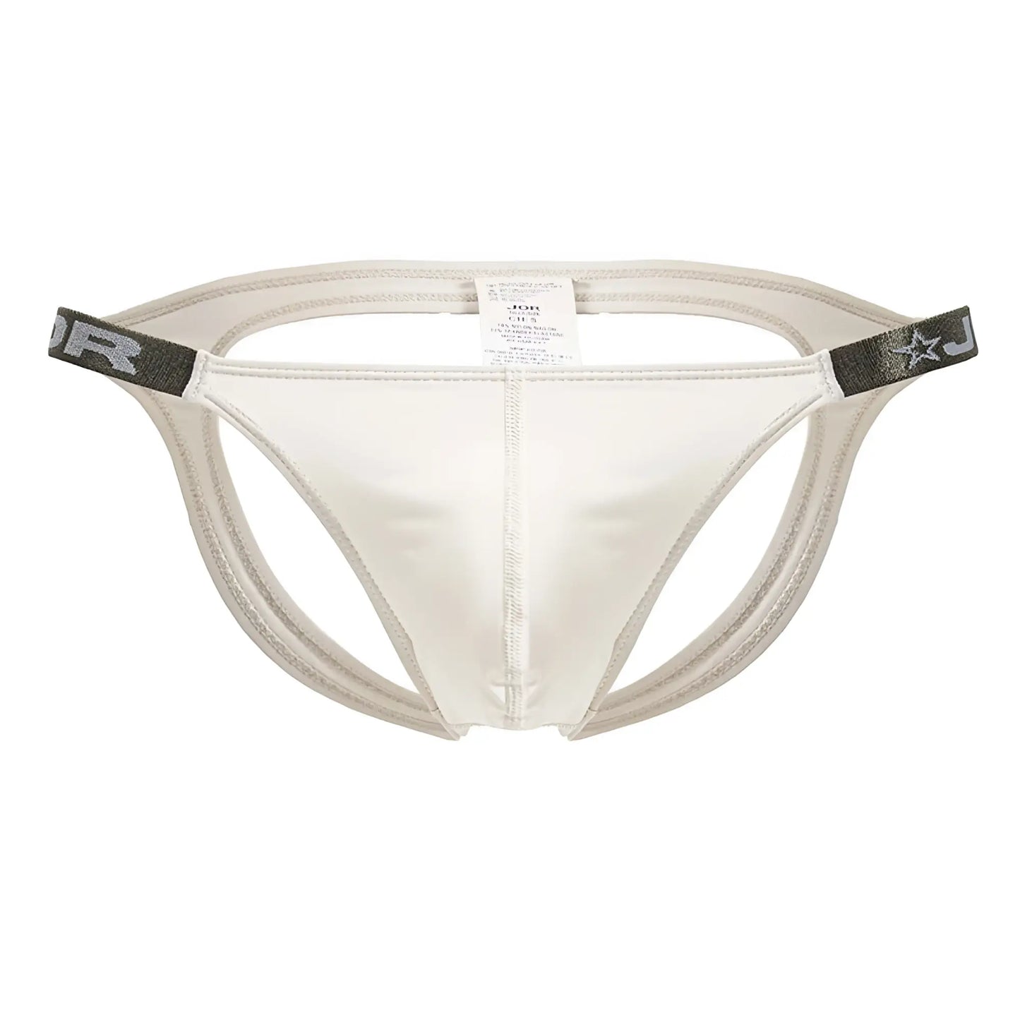 White jor 2157 eros jockstrap briefs in beige with gray elastic waistband and star logo front view