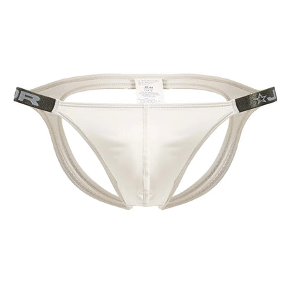 White jor 2157 eros jockstrap briefs in beige with gray elastic waistband and star logo front view