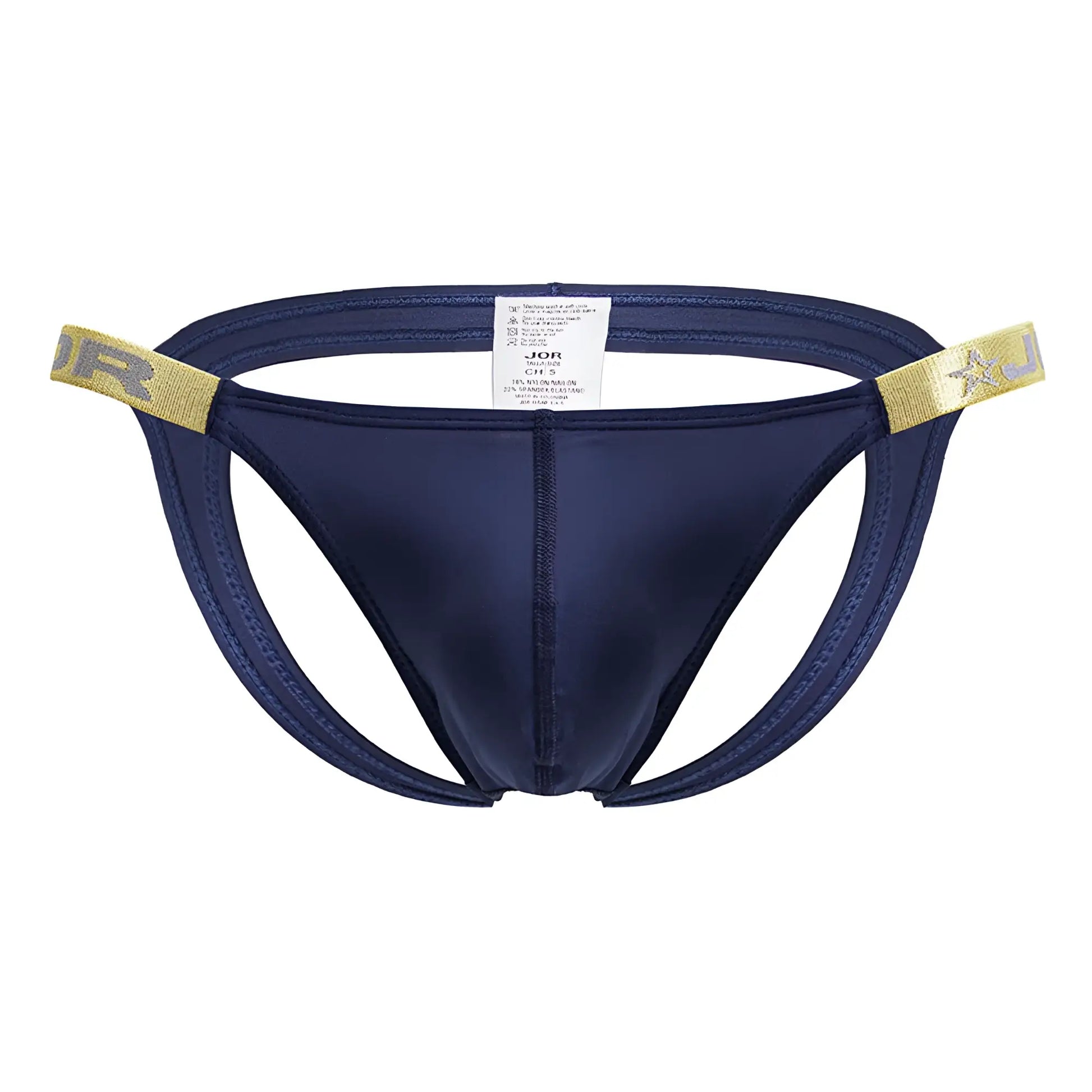 Navy blue satin briefs with gold trim and star logo detailing from jor 2157 eros jockstrap color petrol collection
