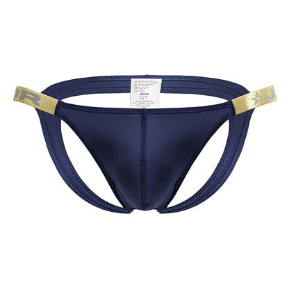 Navy blue satin briefs with gold trim and star logo detailing from jor 2157 eros jockstrap color petrol collection