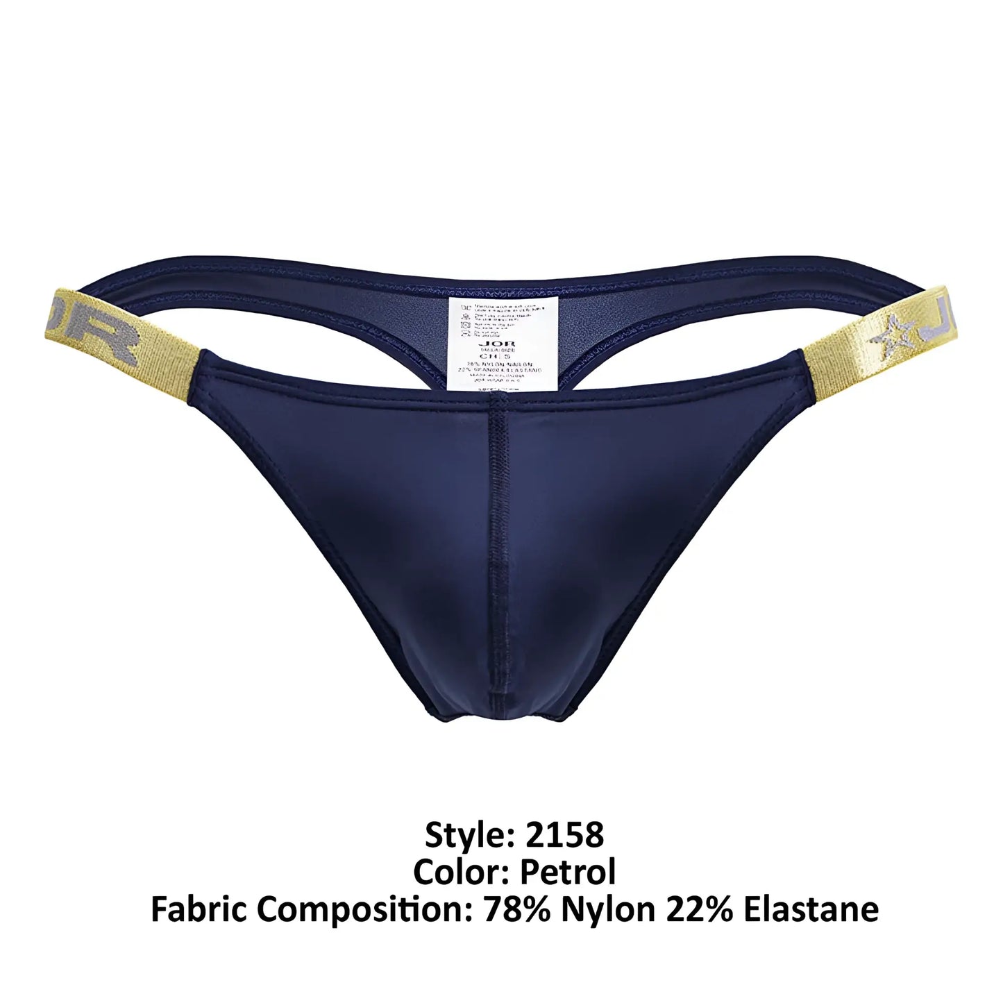Navy blue jon brand thong with gold-trimmed waistband and star logo in jor 2158 eros thongs color petrol