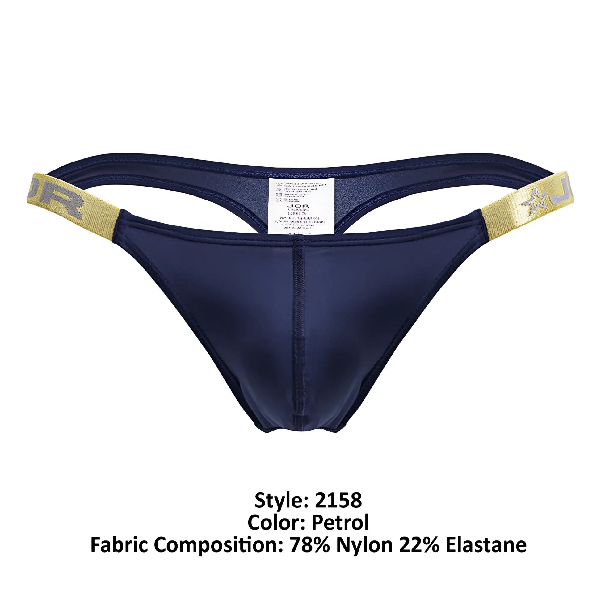 Navy blue jon brand thong with gold-trimmed waistband and star logo in jor 2158 eros thongs color petrol