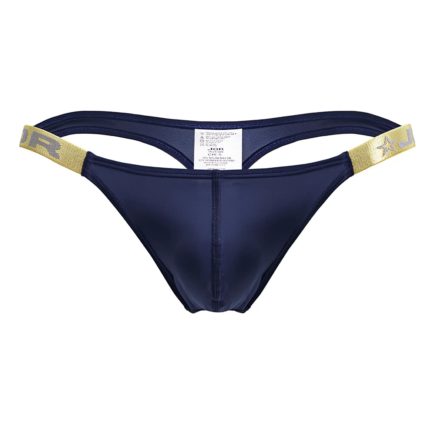 Navy blue satin thong with gold elastic waistband featuring star and jr logo from JOR 2158 Eros thongs Petrol color