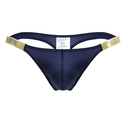 Navy blue satin thong with gold elastic waistband featuring star and jr logo from JOR 2158 Eros thongs Petrol color