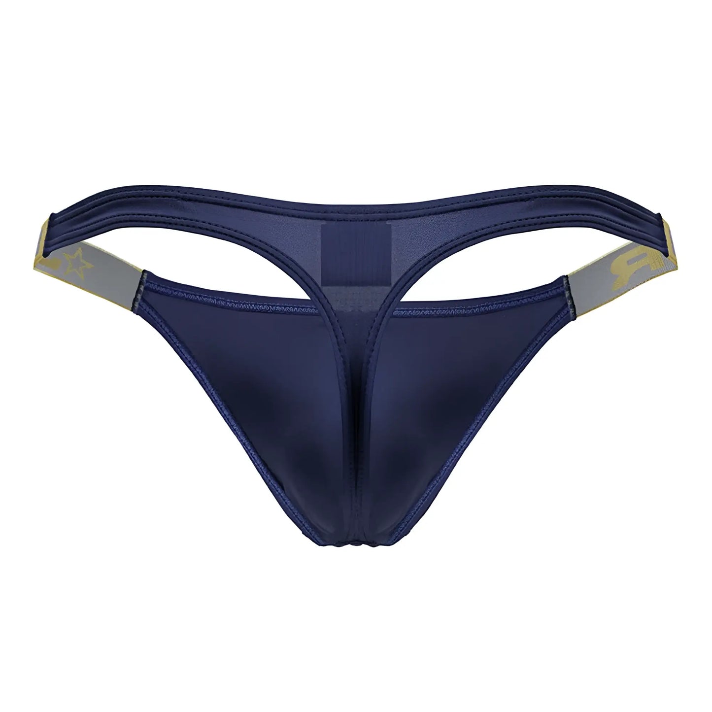Navy blue satin JOR 2158 Eros thong with gold and gray trim on the waistband in color petrol