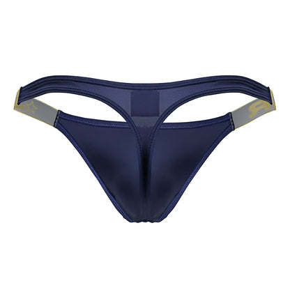 Navy blue satin JOR 2158 Eros thong with gold and gray trim on the waistband in color petrol