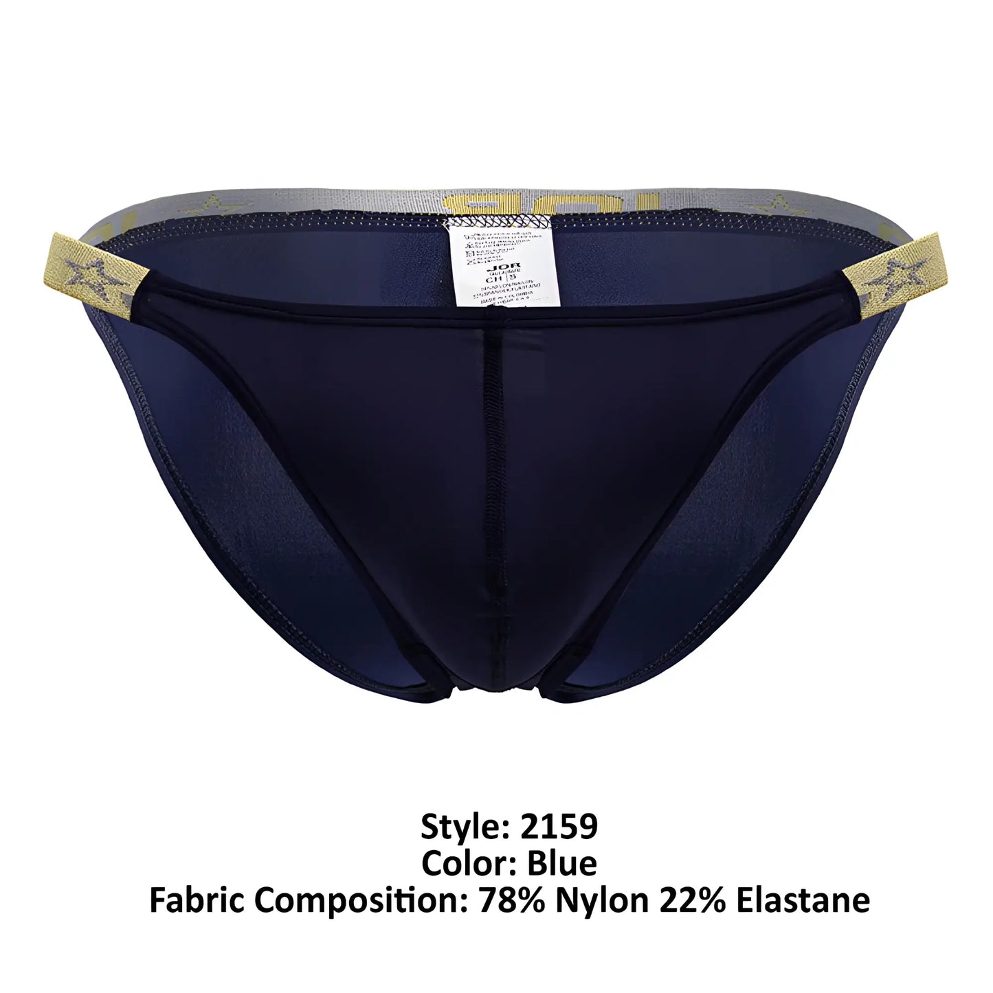 Navy blue JOR 2159 Ares bikini briefs with gold star-patterned side tabs and a gray waistband for athletic use