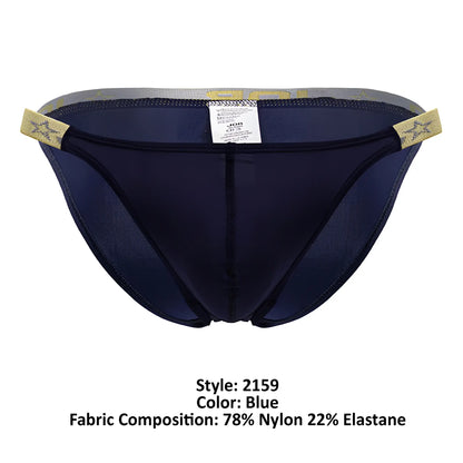 Navy blue JOR 2159 Ares bikini briefs with gold star-patterned side tabs and a gray waistband for athletic use