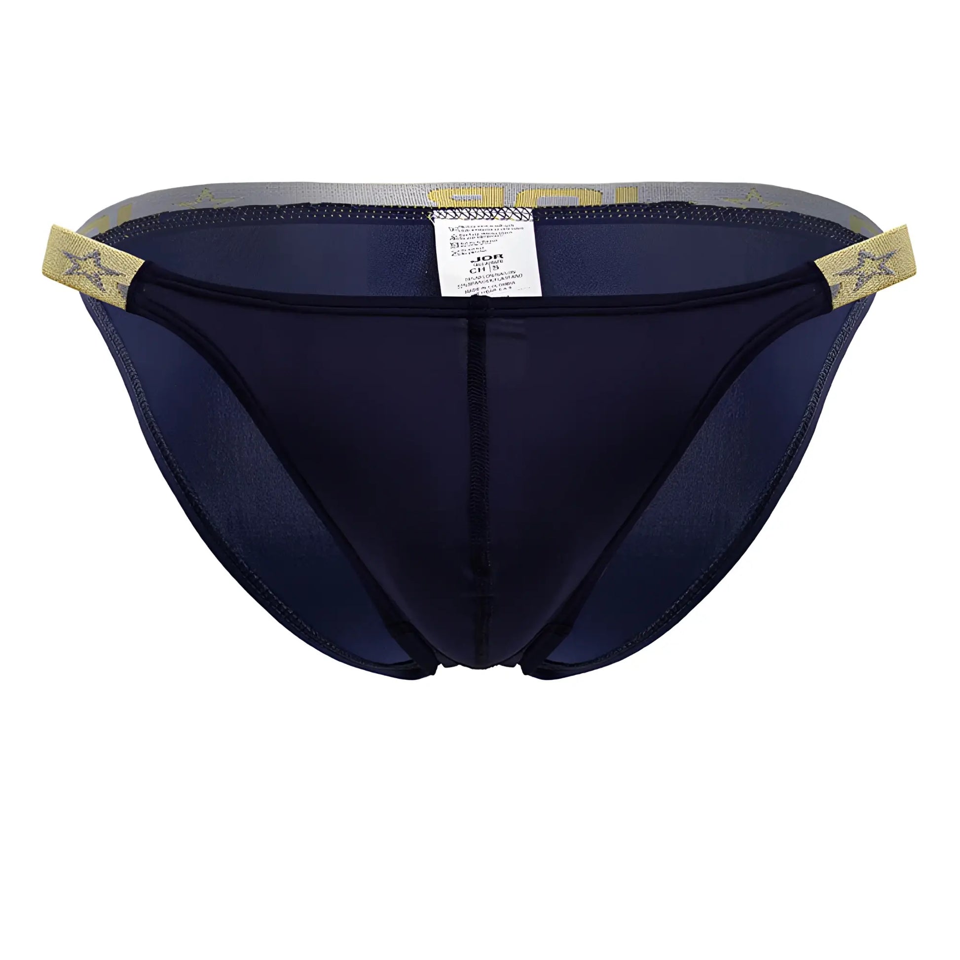 Navy blue mesh briefs jor 2159 ares bikini with gold star-patterned elastic waistband and side tabs