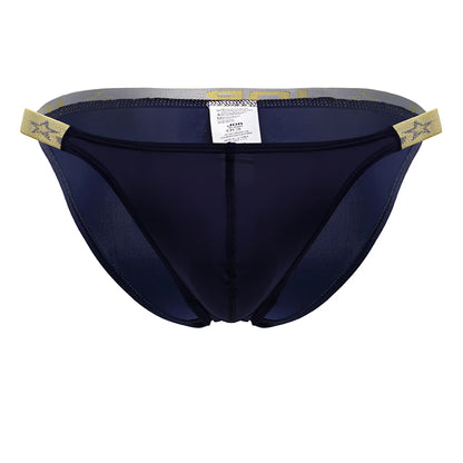 Navy blue mesh briefs jor 2159 ares bikini with gold star-patterned elastic waistband and side tabs