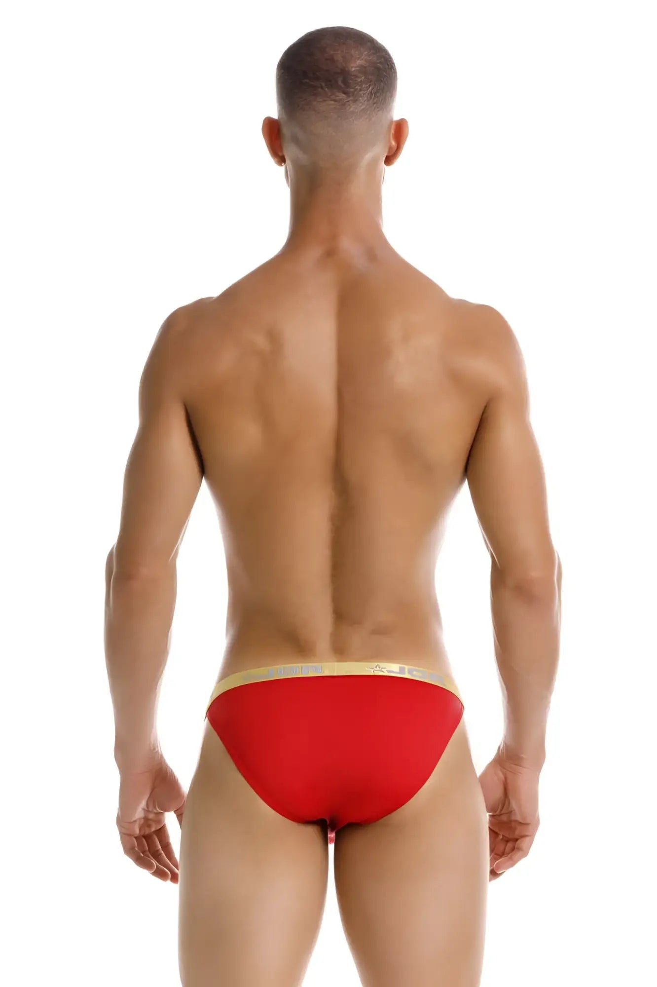 Red jor 2159 ares bikini briefs with gold trim featuring a sleek design and vibrant red color