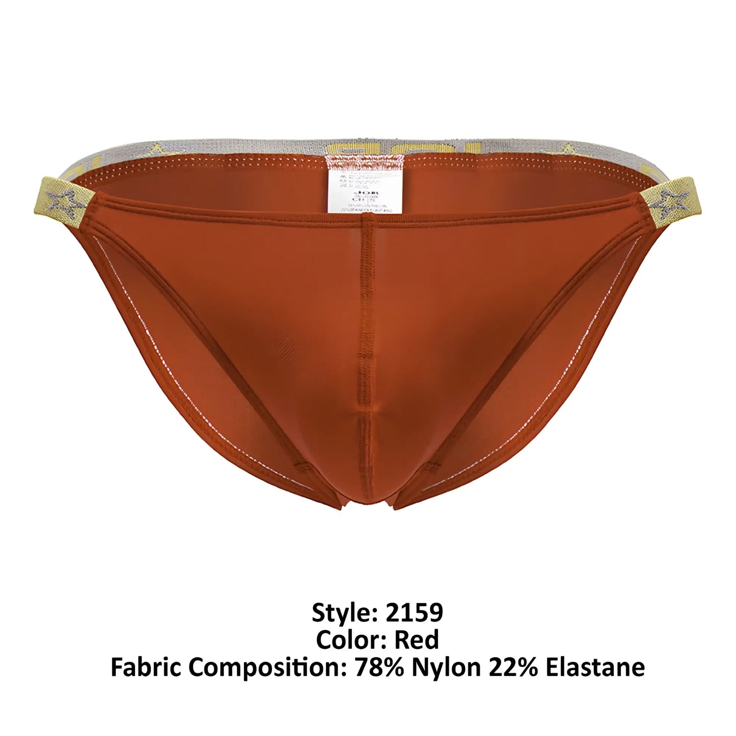Red jor 2159 ares bikini satin briefs with gold star elastic waistband and white stitching on seams
