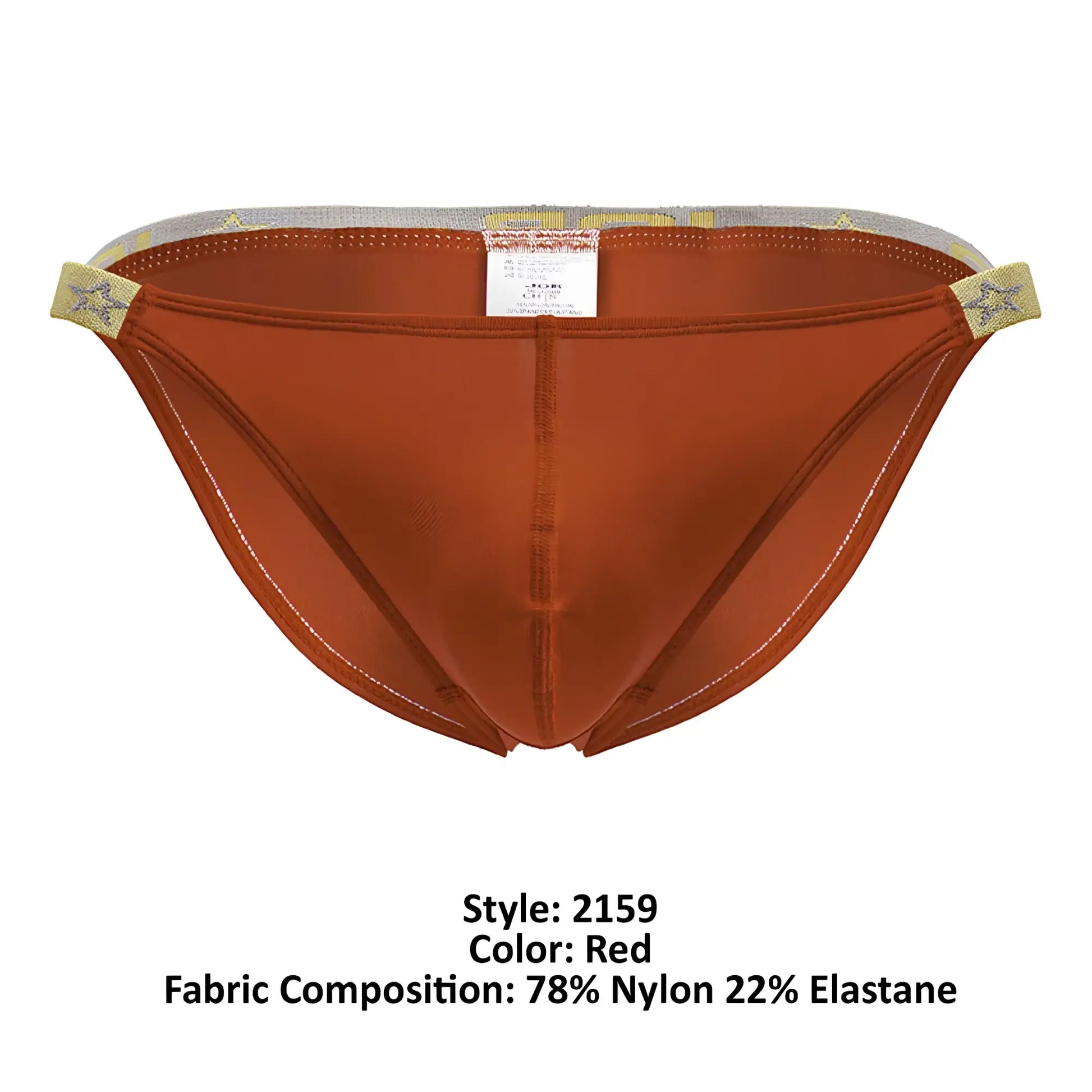 Red jor 2159 ares bikini satin briefs with gold star elastic waistband and white stitching on seams