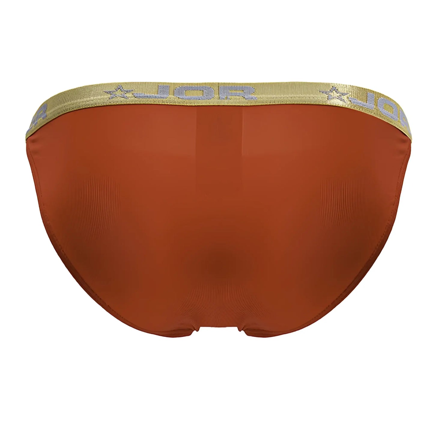 Rust-colored jor 2159 ares bikini with gold elastic waistband featuring jor brand name and star motifs