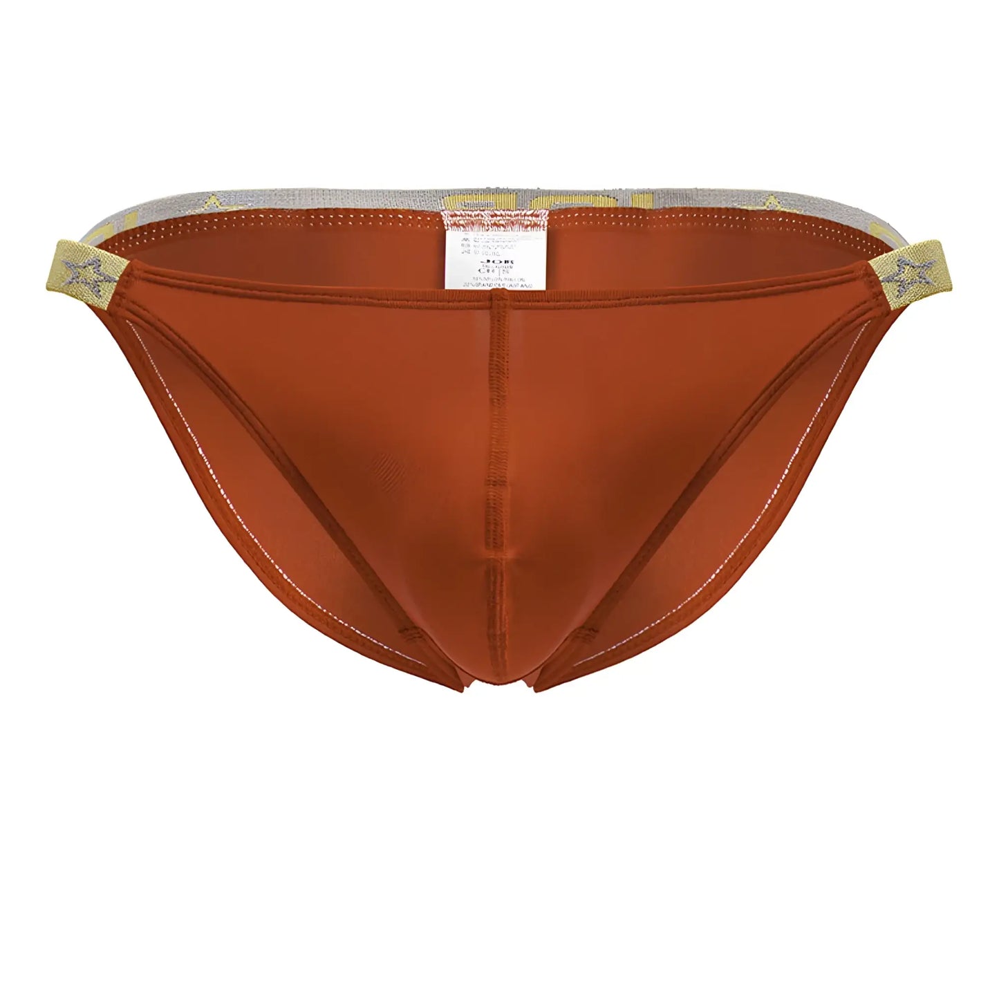 Rust-colored satin briefs jor 2159 ares bikini with star-patterned elastic waistband and white stitching