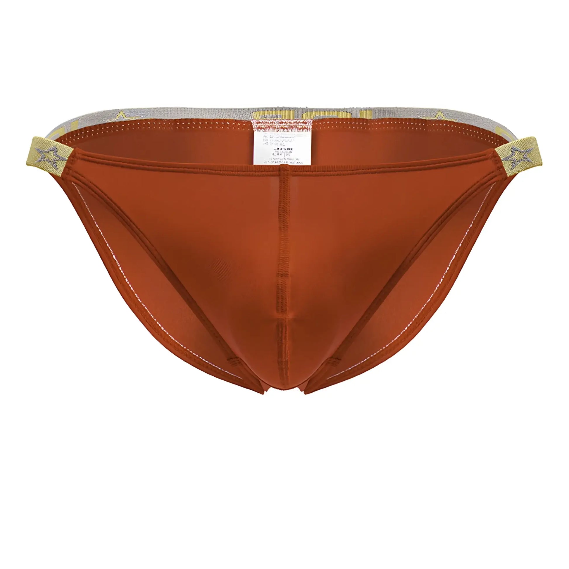 Rust-colored satin briefs jor 2159 ares bikini with star-patterned elastic waistband and white stitching