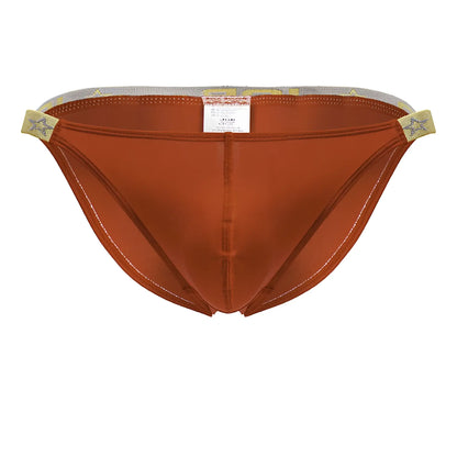 Rust-colored satin briefs jor 2159 ares bikini with star-patterned elastic waistband and white stitching