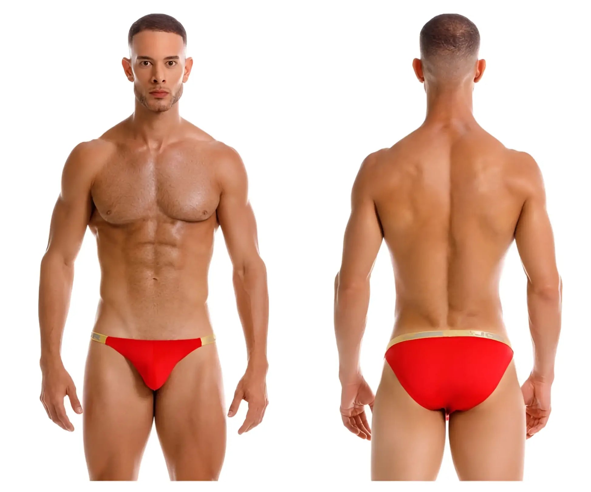 Red jor 2159 ares bikini swim trunks with gold trim designed for stylish beachwear