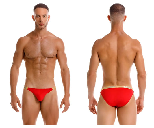 Red jor 2159 ares bikini swim trunks with gold trim designed for stylish beachwear