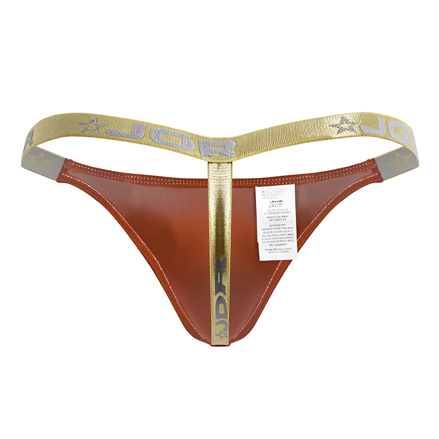 Red brown leather thong with gold trim and star-patterned branding from JOR 2161 Ares Thongs collection