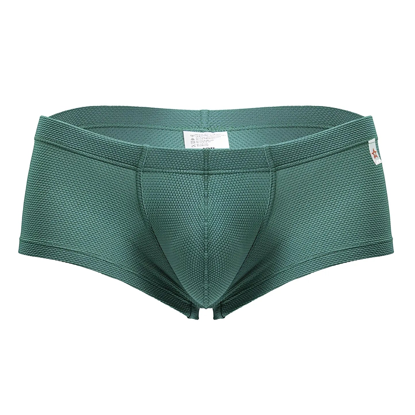 Dark green woven fabric jor 2166 nova trunks men’s briefs with textured pattern and red star logo on waistband