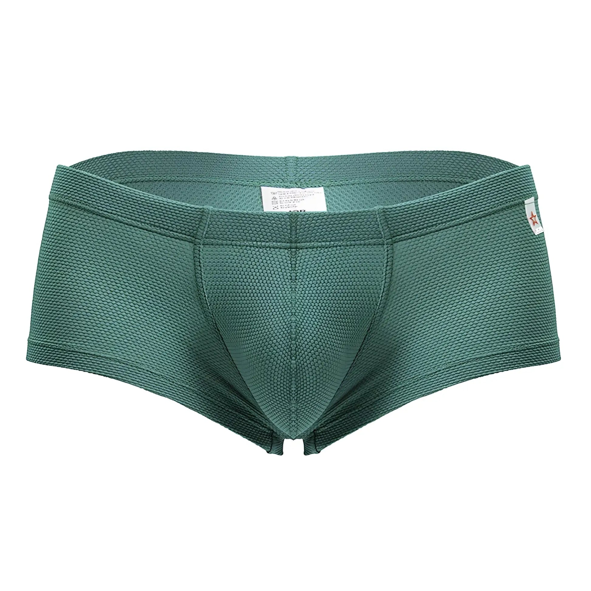 Dark green woven fabric jor 2166 nova trunks men’s briefs with textured pattern and red star logo on waistband