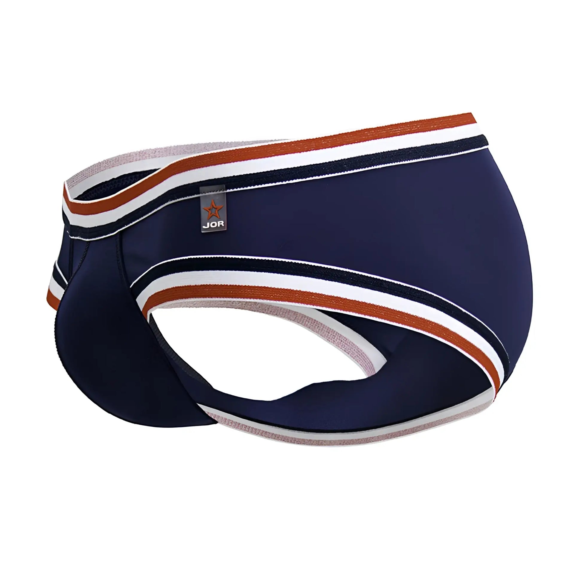 Navy blue jor 2169 martini briefs for men with white and rust-colored striped trim for comfortable wear