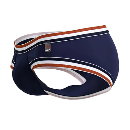 Navy blue jor 2169 martini briefs for men with white and rust-colored striped trim for comfortable wear