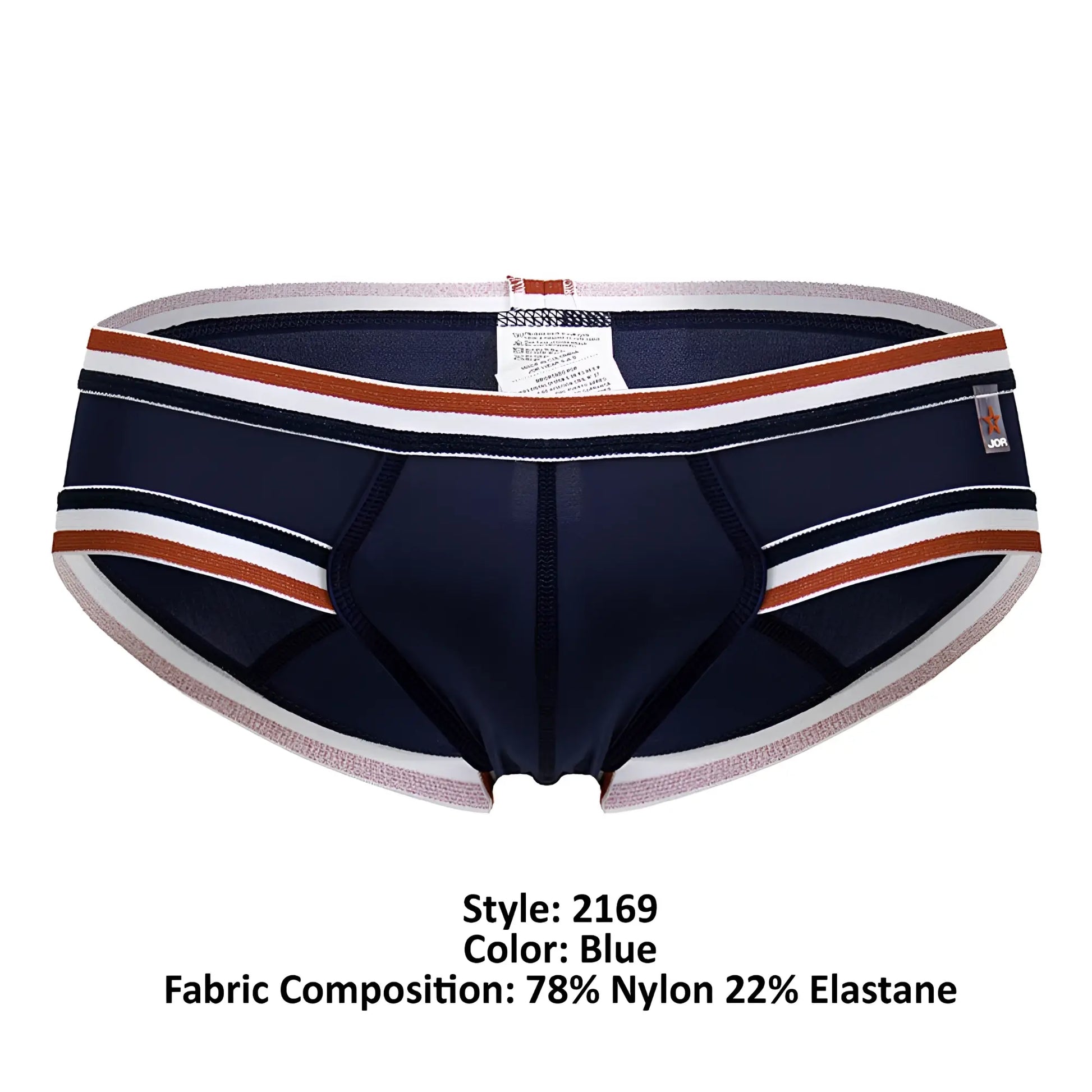 Navy blue jor 2169 martini briefs with white and rust striped trim made from soft breathable fabric
