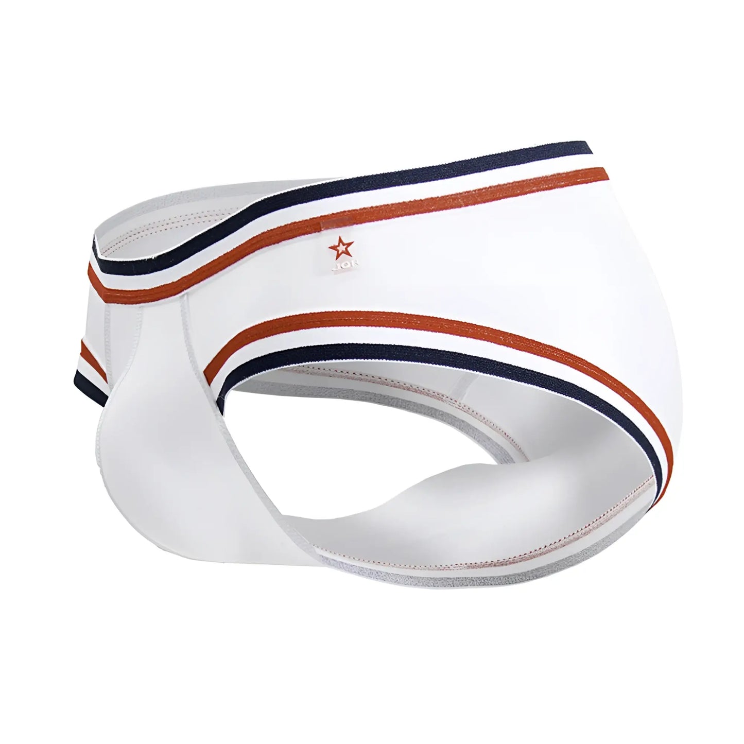White men’s briefs jor 2169 martini briefs with navy and rust striped trim and red star logo on waistband