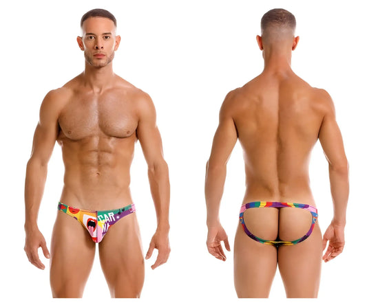 Colorful jor 2172 carnival jockstrap briefs with rainbow pattern and car print on front for vibrant wear