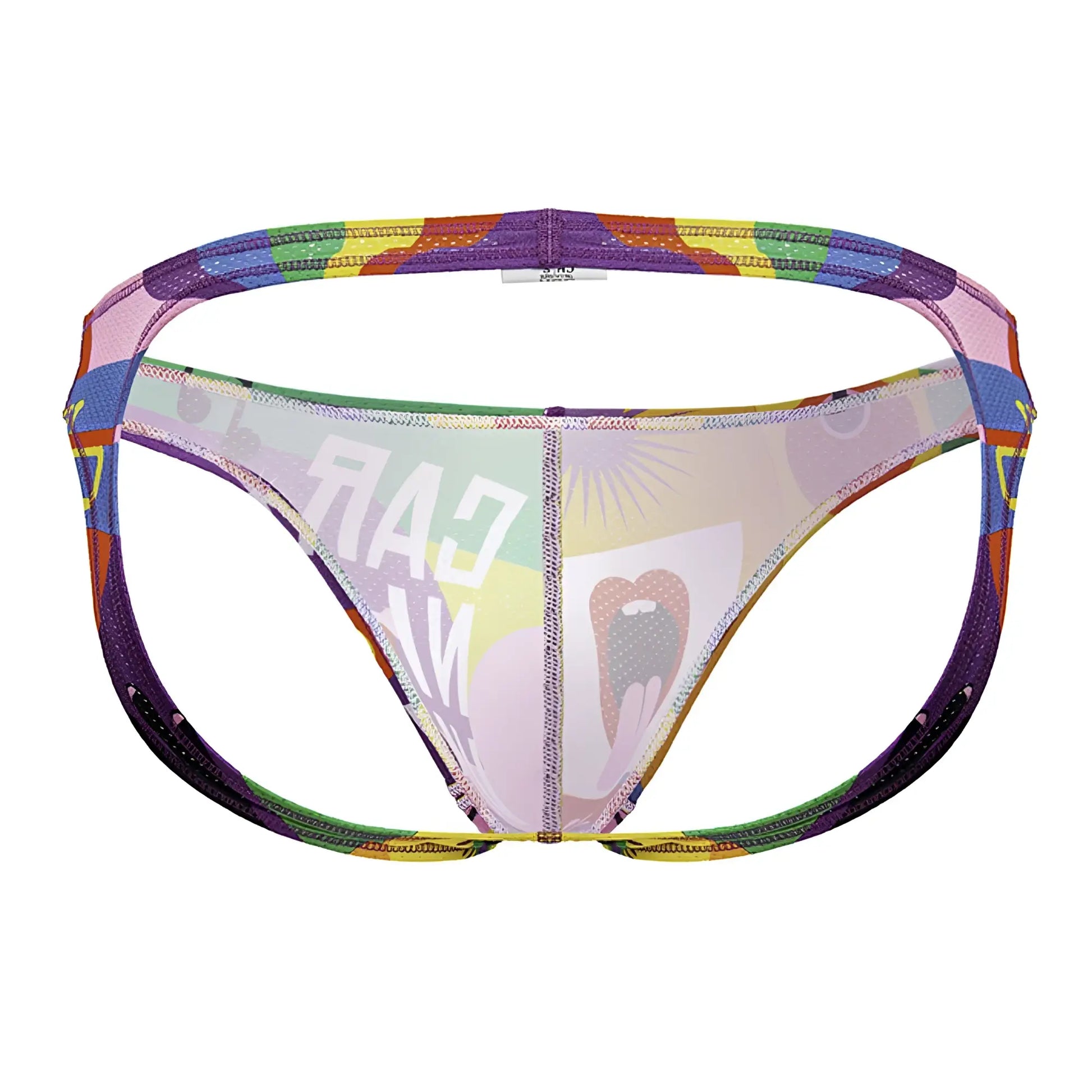 Rainbow-patterned jor 2172 carnival jockstrap men’s thong with transparent graphic design and bold tooth illustration