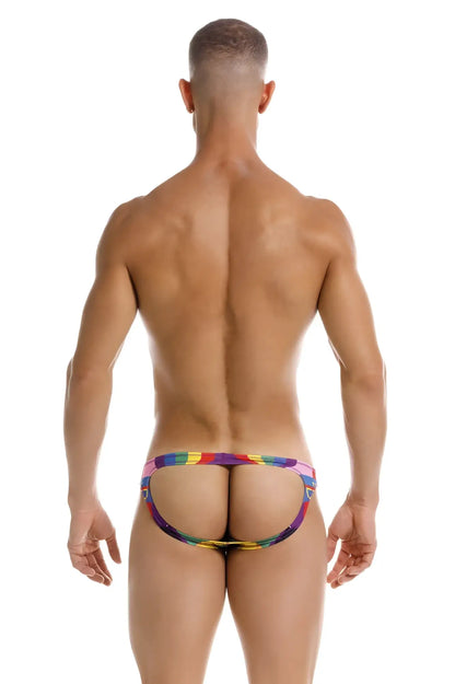 Back view of jor 2172 carnival jockstrap elasticated rainbow-striped men’s briefs with cut-out design