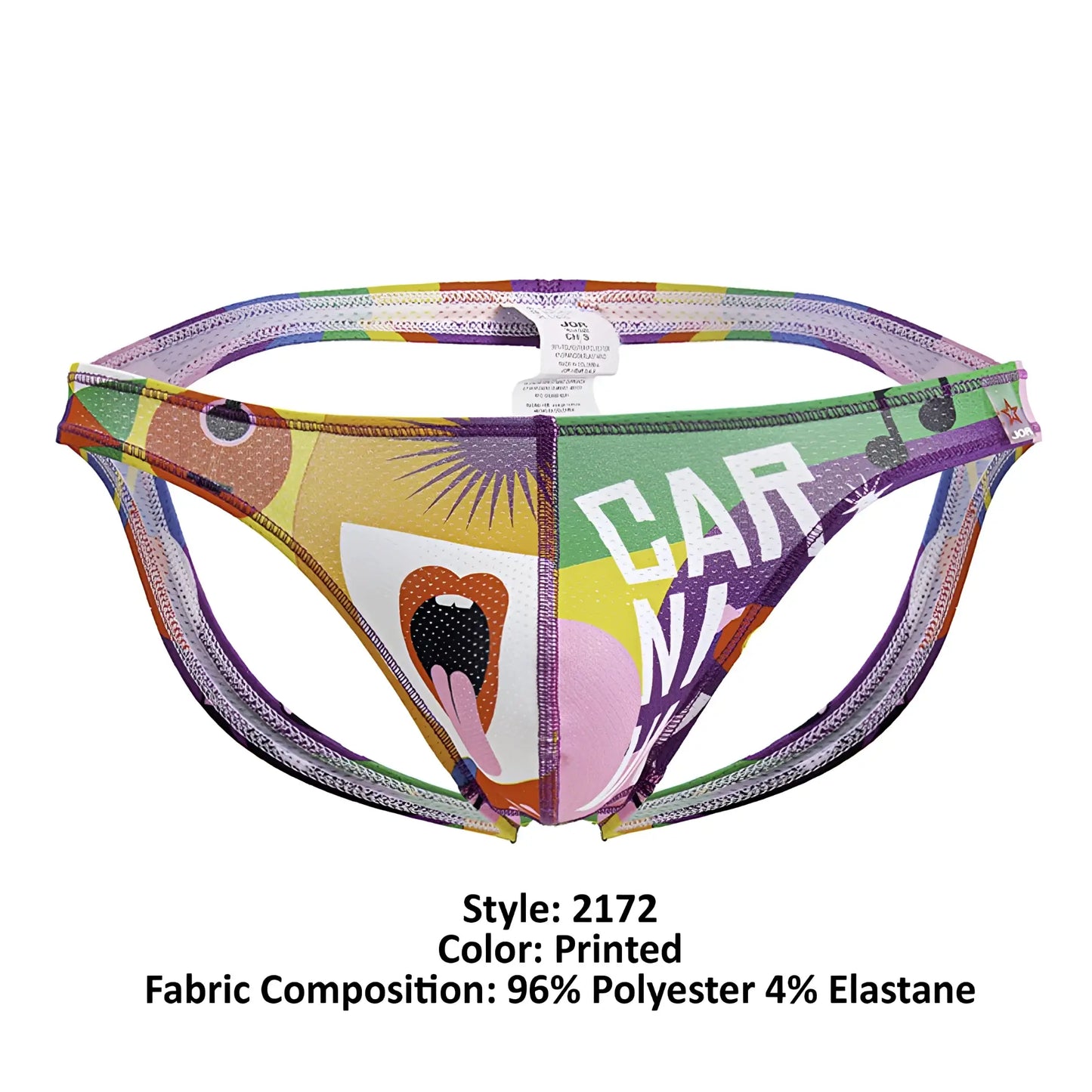 Vibrant printed men’s briefs with bold rainbow graphic and white carna lettering from jor 2172 carnival jockstrap color printed