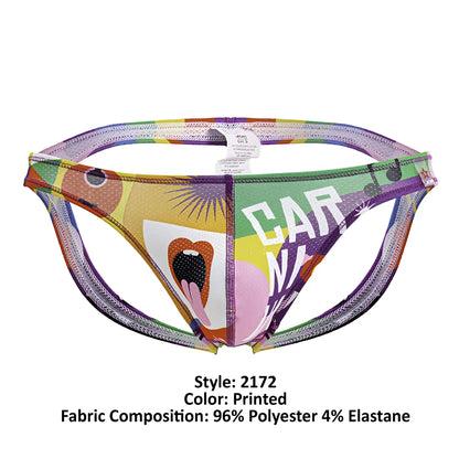 Vibrant printed men’s briefs with bold rainbow graphic and white carna lettering from jor 2172 carnival jockstrap color printed