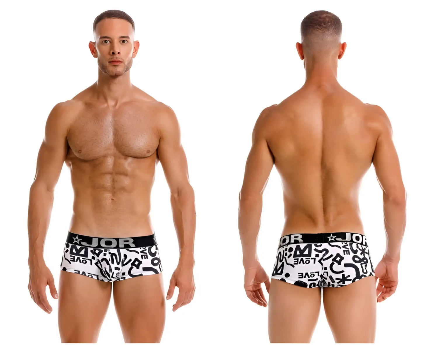 White briefs with black graffiti print and black jor waistband in jor 2185 love trunks color printed style