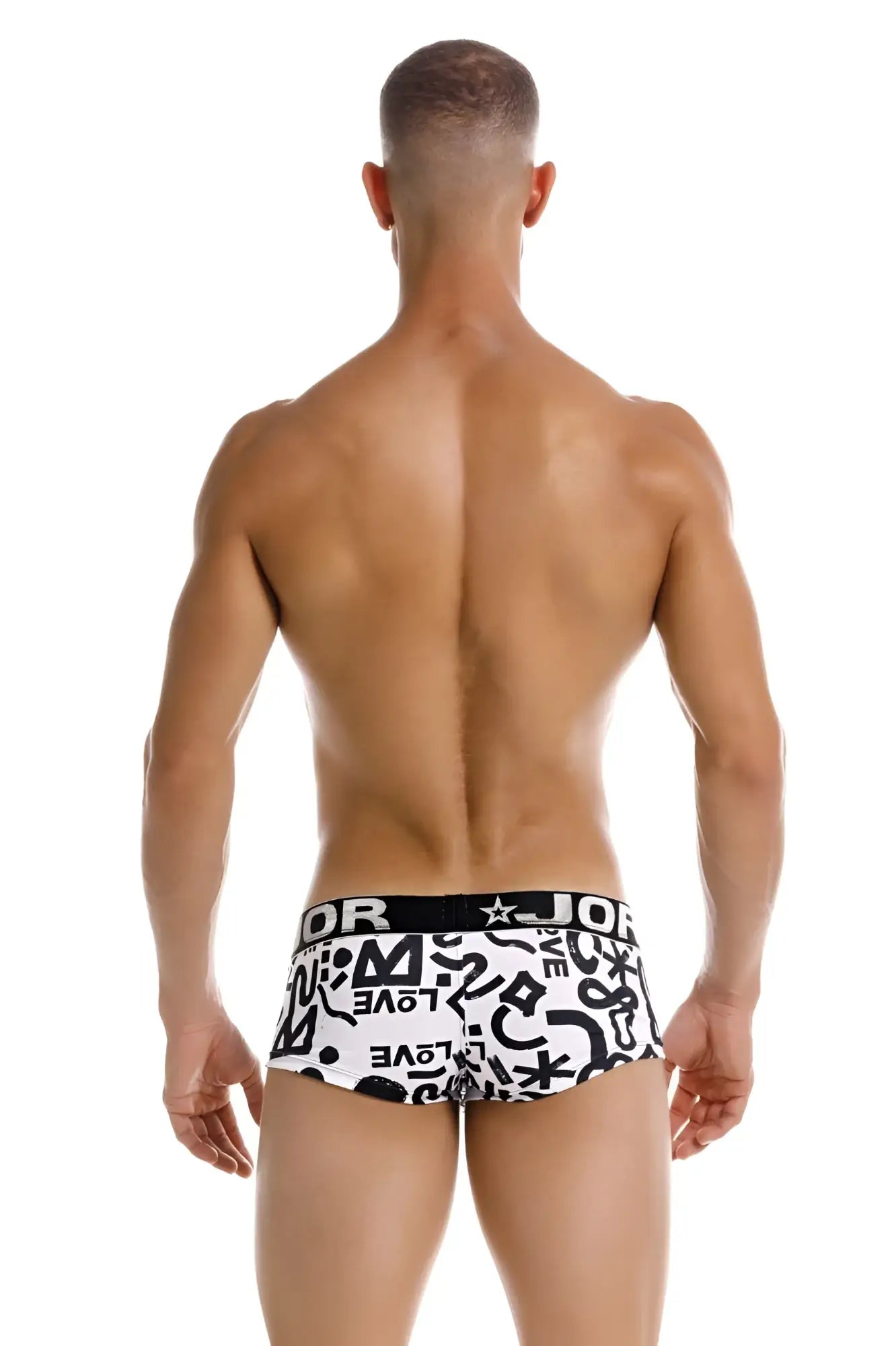 White briefs jor 2185 love trunks with black graphic print and black waistband featuring jor brand name in white letters