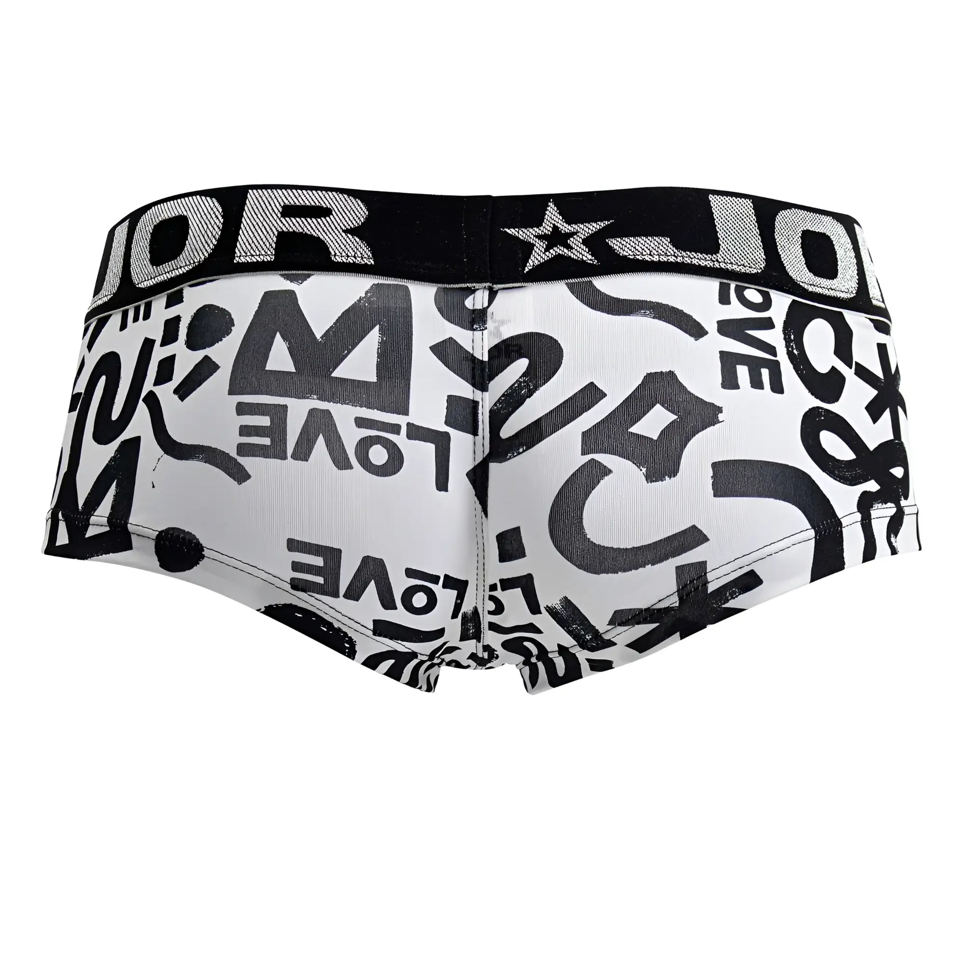 White JOR 2185 Love trunks briefs with black graffiti love print and contrasting black waistband with brand name