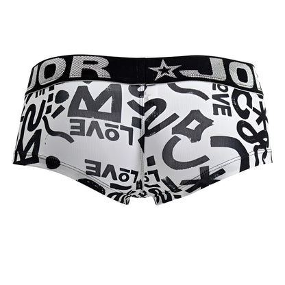 White JOR 2185 Love trunks briefs with black graffiti love print and contrasting black waistband with brand name