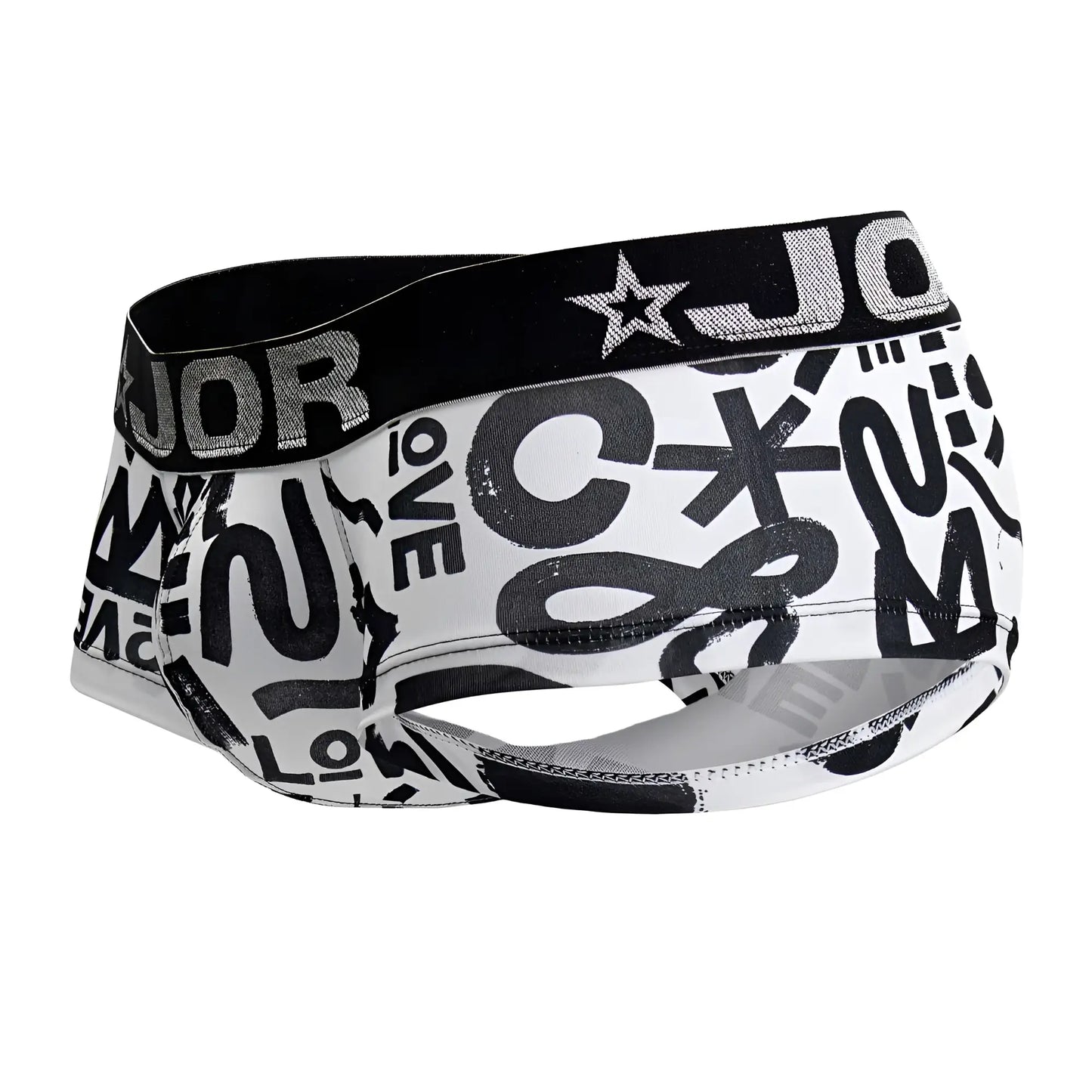 White boxer briefs jor 2185 love trunks with bold black graffiti lettering and black waistband with silver glitter logo