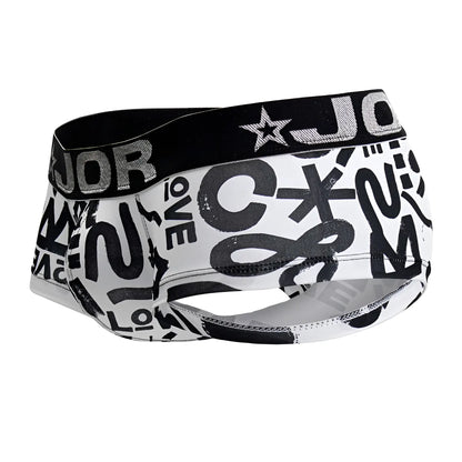White boxer briefs jor 2185 love trunks with bold black graffiti lettering and black waistband with silver glitter logo