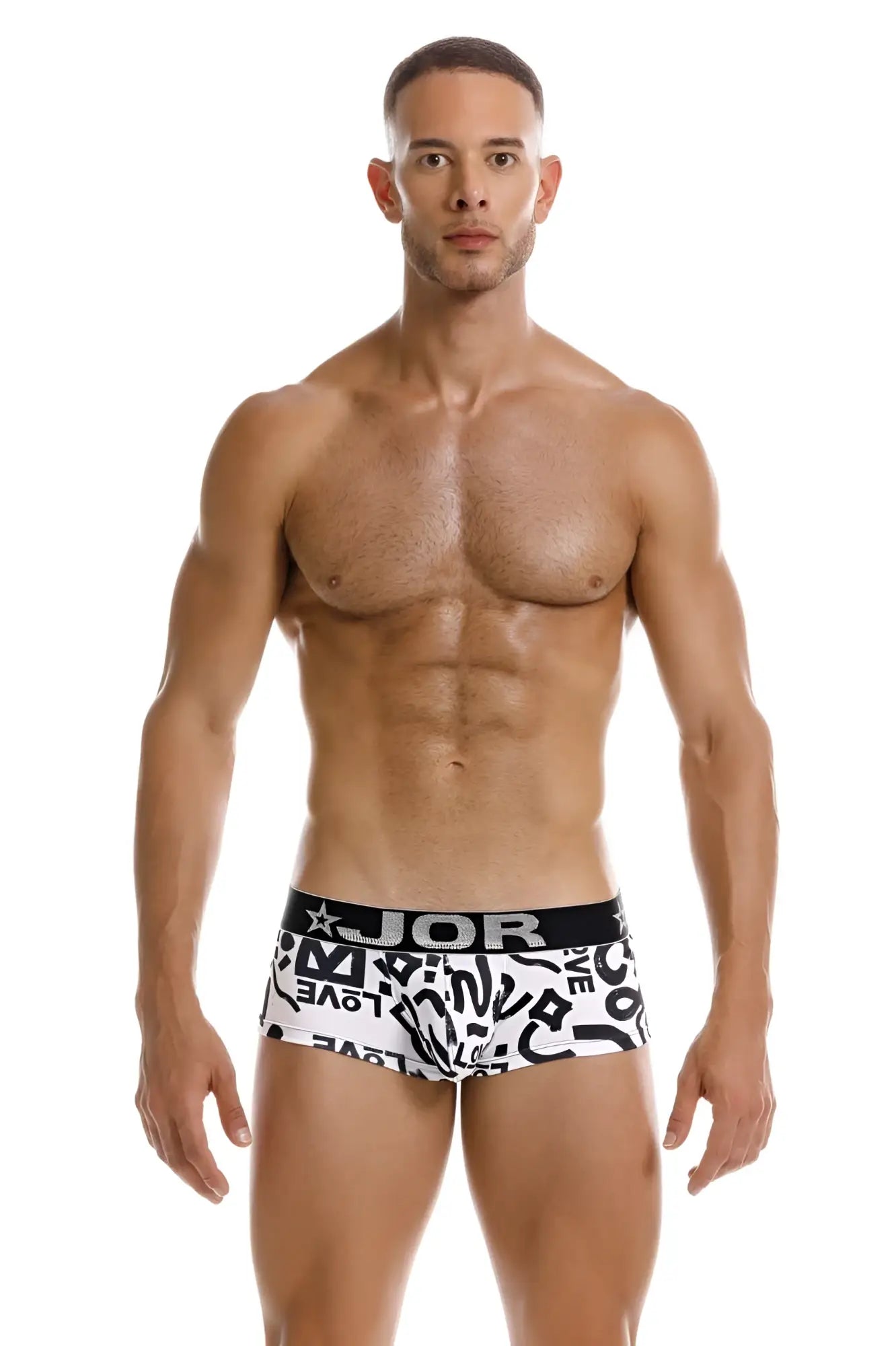 White boxer briefs with bold black graphic print and jor logo on waistband from jor 2185 love trunks color printed collection