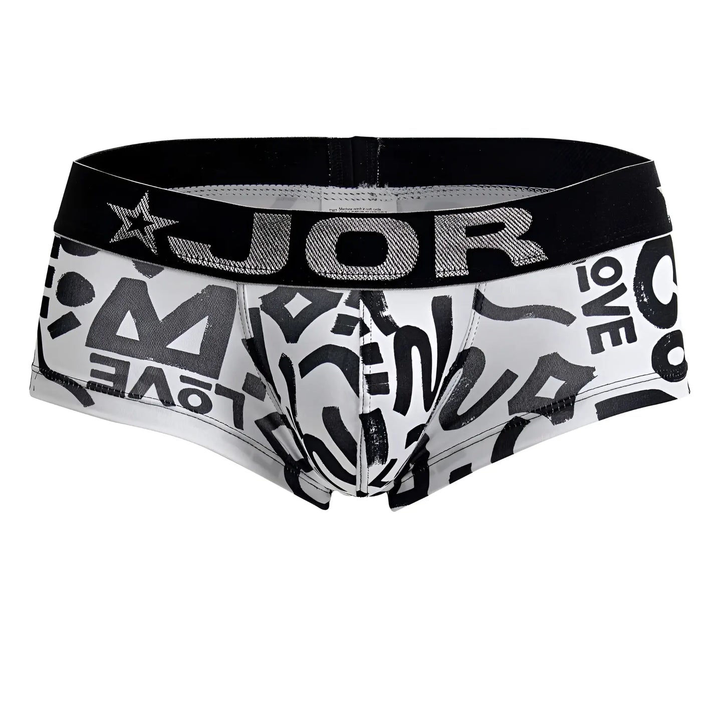 White men’s briefs with black graffiti lettering and black waistband with silver glitter jor branding love trunks color printed