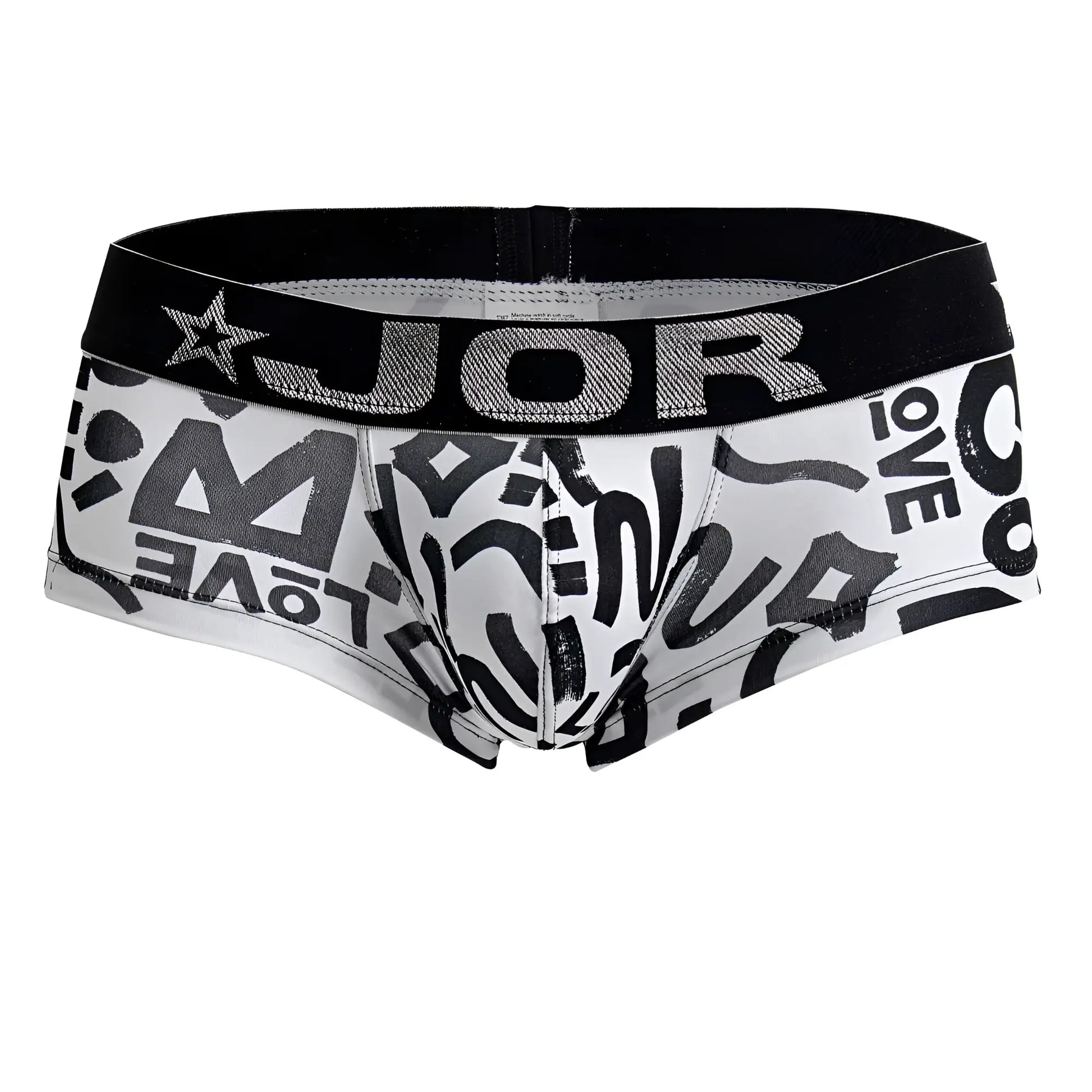 White men’s briefs with black graffiti lettering and black waistband with silver glitter jor branding love trunks color printed