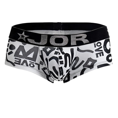White men’s briefs with black graffiti lettering and black waistband with silver glitter jor branding love trunks color printed